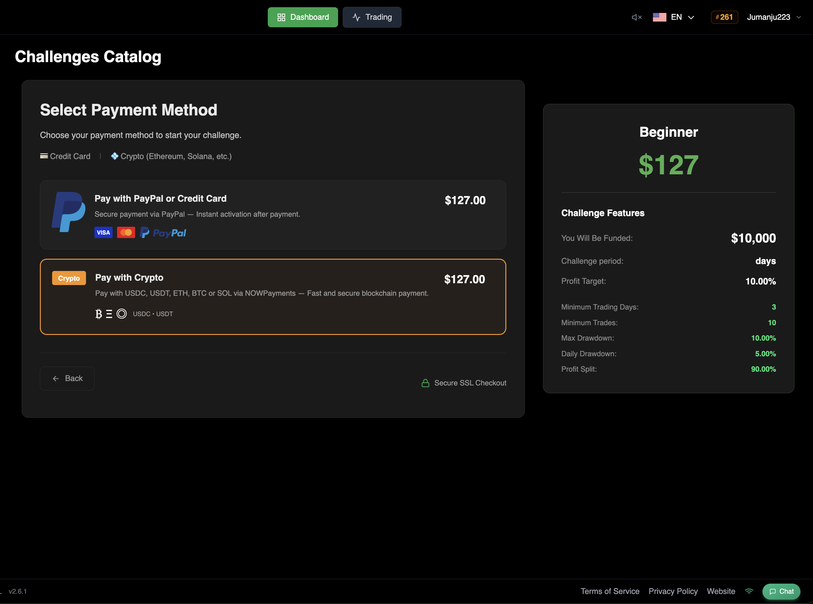 Select Payment Method — choose Pay with Crypto
