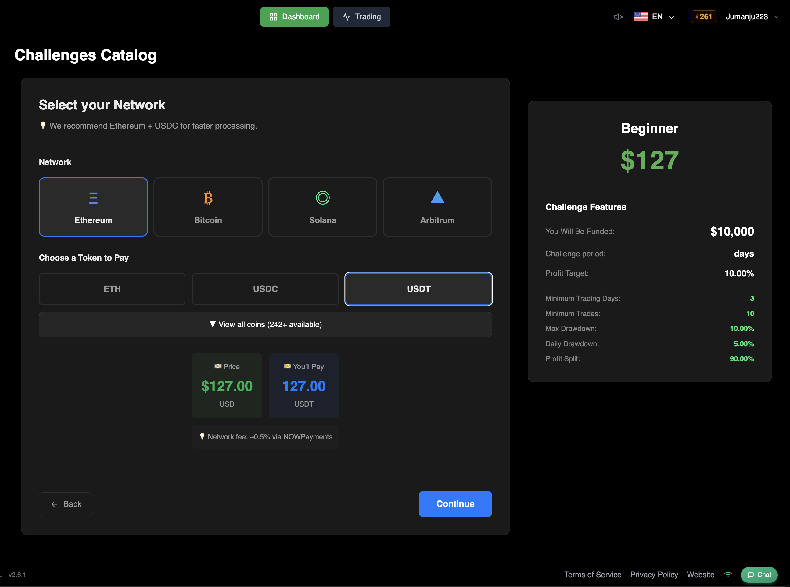 Select network and token for crypto payment