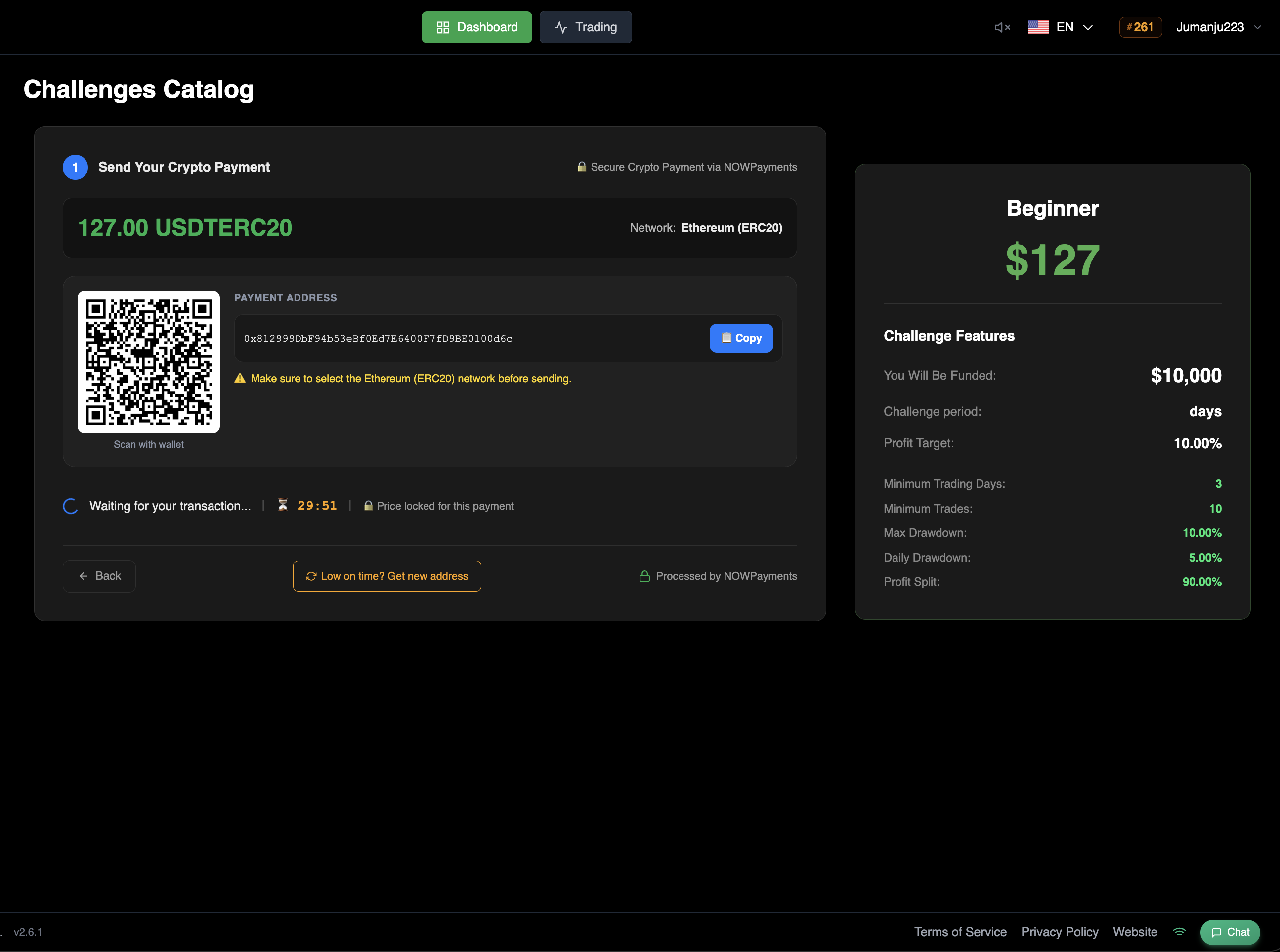 Payment address, QR code and countdown timer